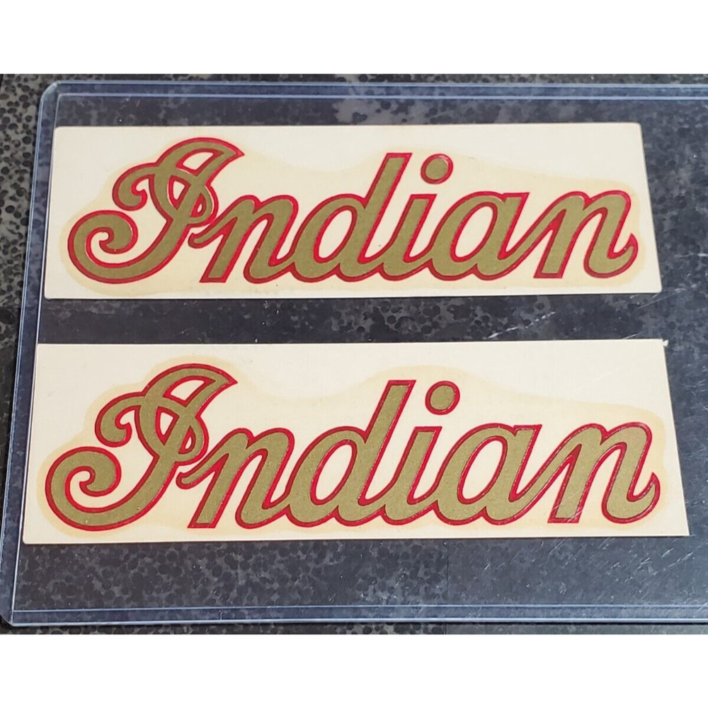 ULTRA RARE 2X ORIGINAL NOS VINTAGE INDIAN MOTORCYCLE GOLD SCRIPT TANK DECALS